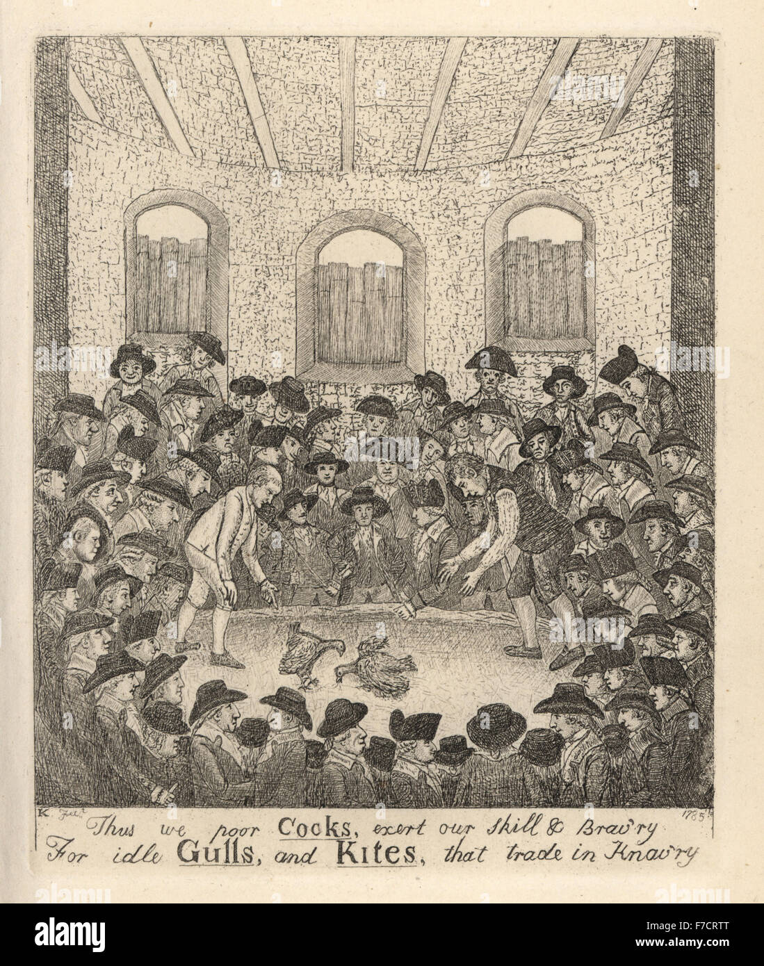 Match de coqs entre les comtés de Lanark et Haddington, 1785, devant un auditoire de nobles et valets dont Sir James Baird, William Hamilton, seigneur de Bellhaven Drimnin MacLeod, Lord North le caddy, et Deacon Brodie. La gravure sur cuivre par John Kay à partir d'une série de portraits originaux et la caricature d'eaux-fortes, Hugh Paton, Édimbourg, 1842. Banque D'Images