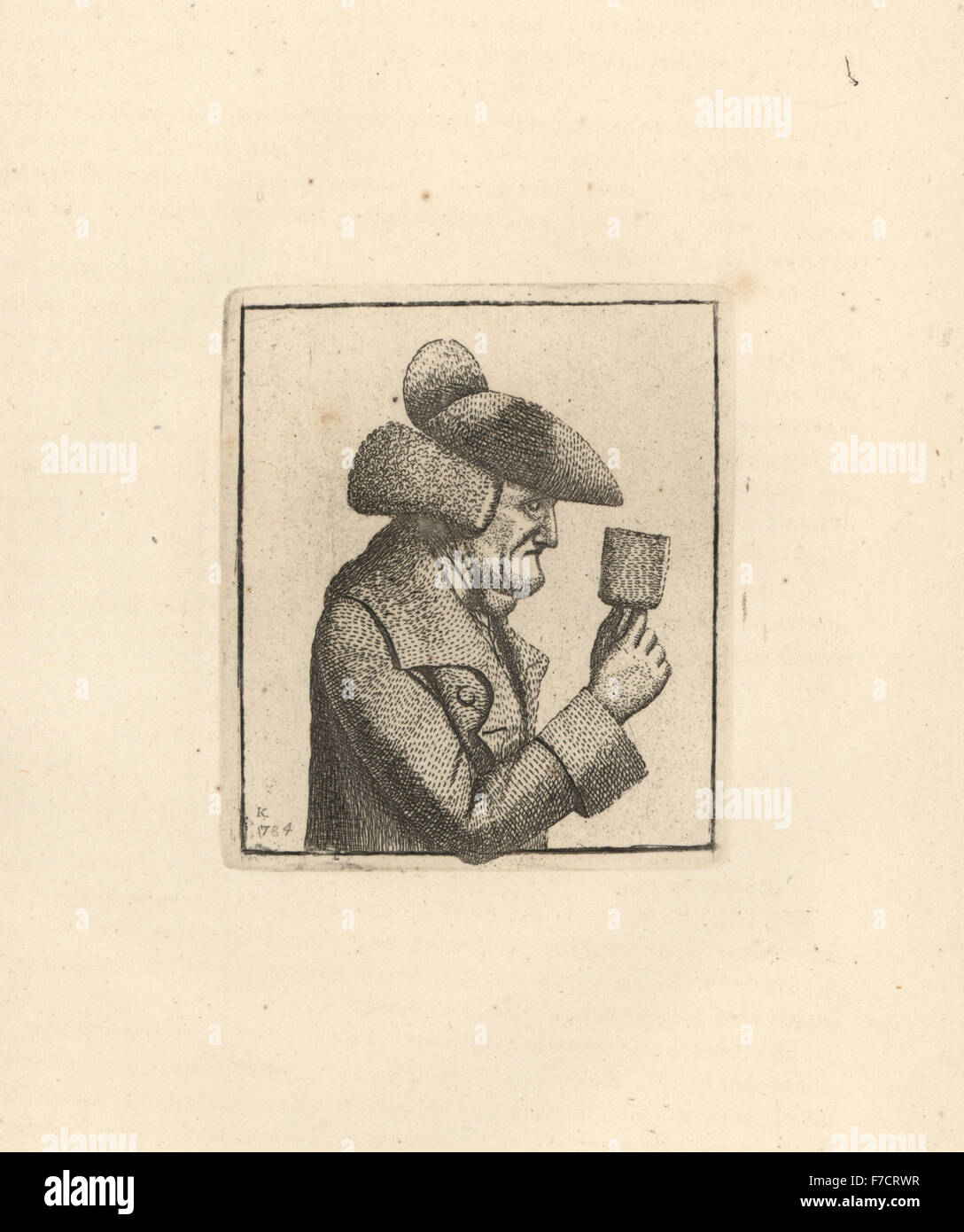 George Pratt, crieur pompeux d'Édimbourg, avec sa cloche. La gravure sur cuivre par John Kay à partir d'une série de portraits originaux et la caricature d'eaux-fortes, Hugh Paton, Édimbourg, 1842. Banque D'Images