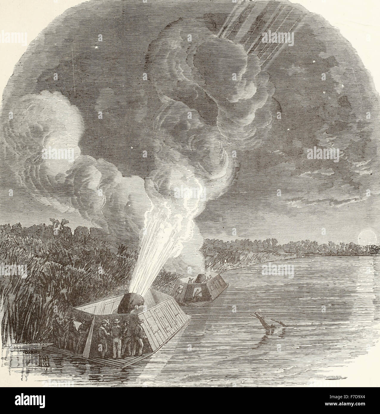 Siège de Island no 10 sur le fleuve Mississippi - bombardement de nuit par le gouvernement fédéral - 10 bateaux mortier h - 18 mars 1862 - Guerre civile USA Banque D'Images