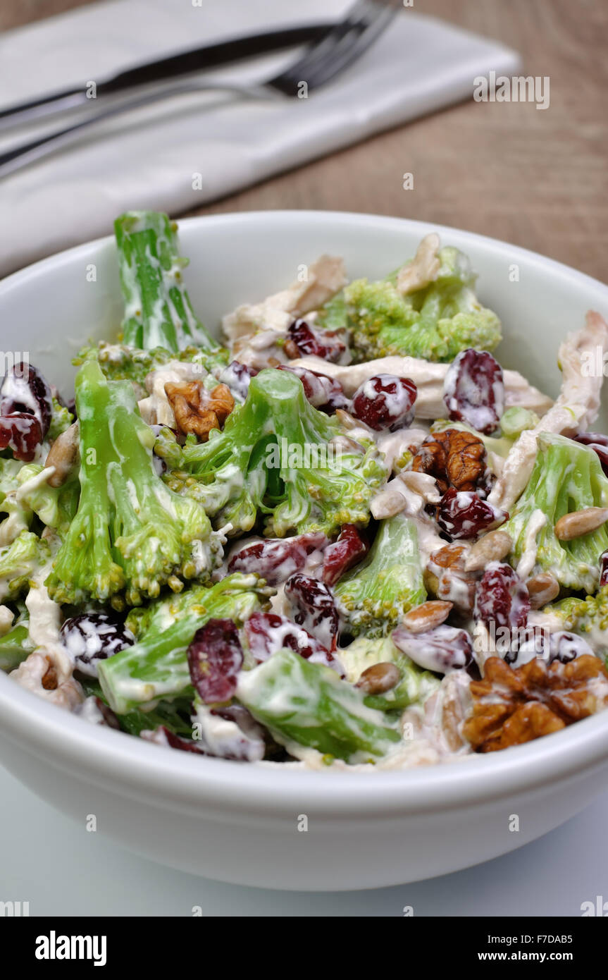 Salade de brocoli avec du poulet, noix, graines de tournesol, les canneberges et le yogourt Banque D'Images