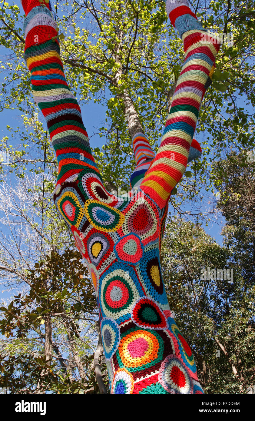 Arbre couvert de crochet tricot patchwork pour plus de chaleur, de protection et de décoration. Manches courtes manches Banque D'Images