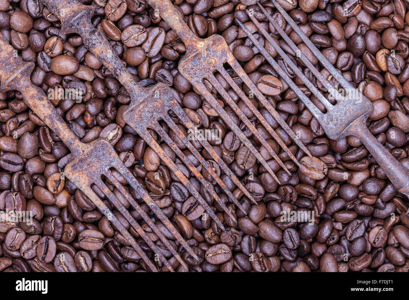 Les grains de café et old rusty forks abstract still life Banque D'Images