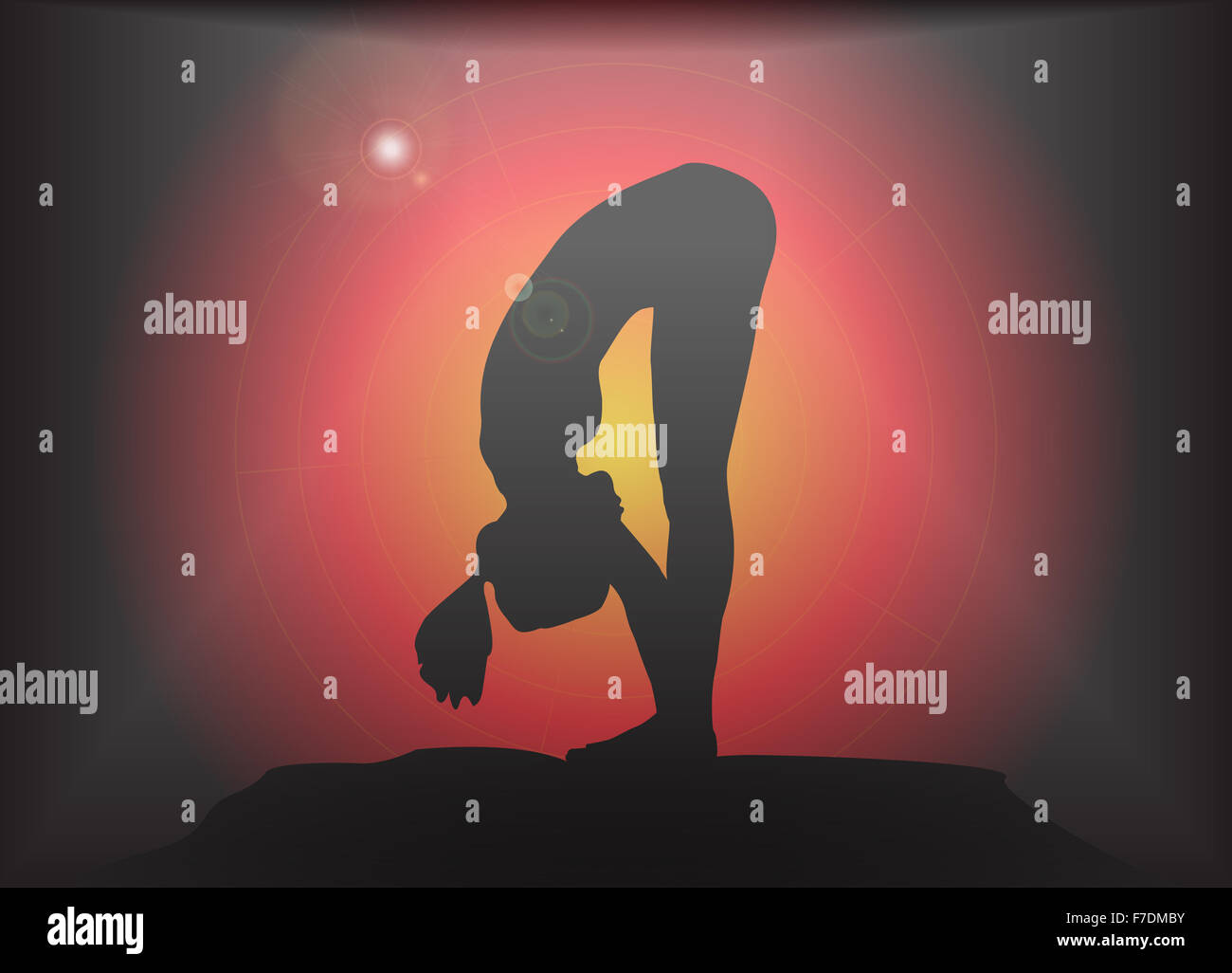 Une silhouette de femme yoga l'exécution de flexion avant poser sur un fond de couleur sombre avec un regard noir Banque D'Images Une silhouette de femme yoga l'exécution de flexion avant poser sur un fond de couleur sombre avec un regard noir Banque D'Images