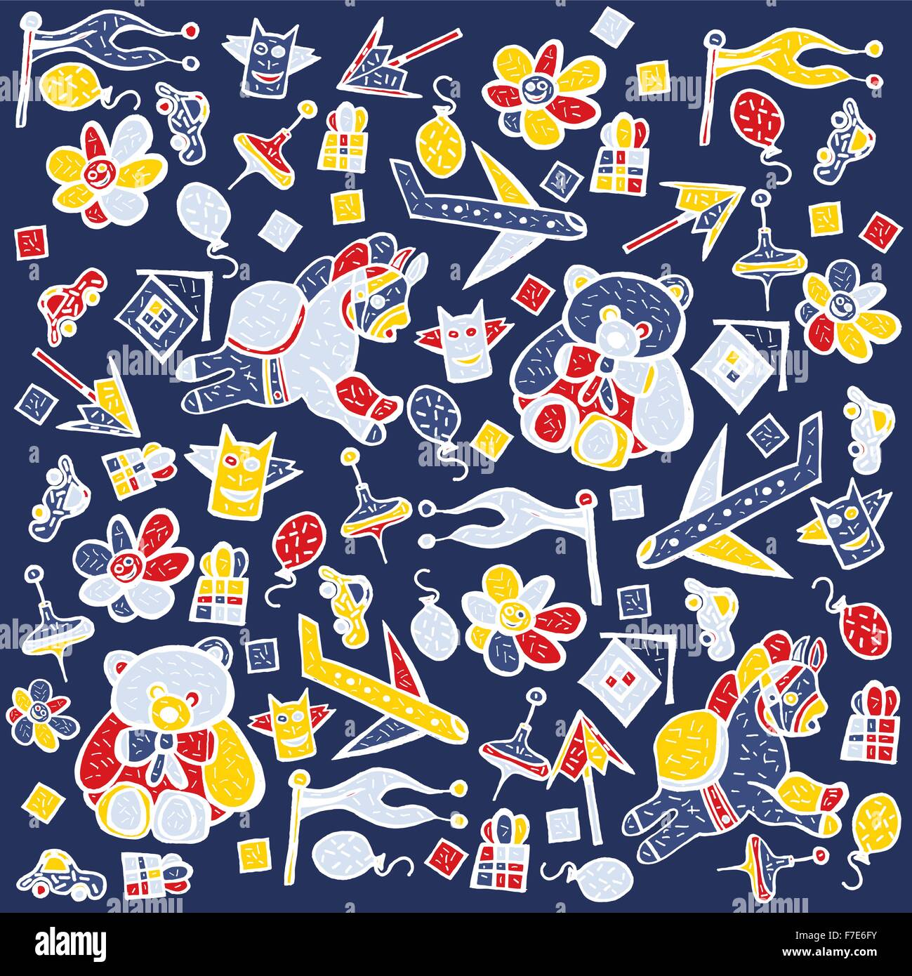 Modèle enfant jouet mignon avec éléments. Vector illustration. Concept avec ours en peluche pour les enfants de papier, de tissu ou d'un site web. Illustration de Vecteur