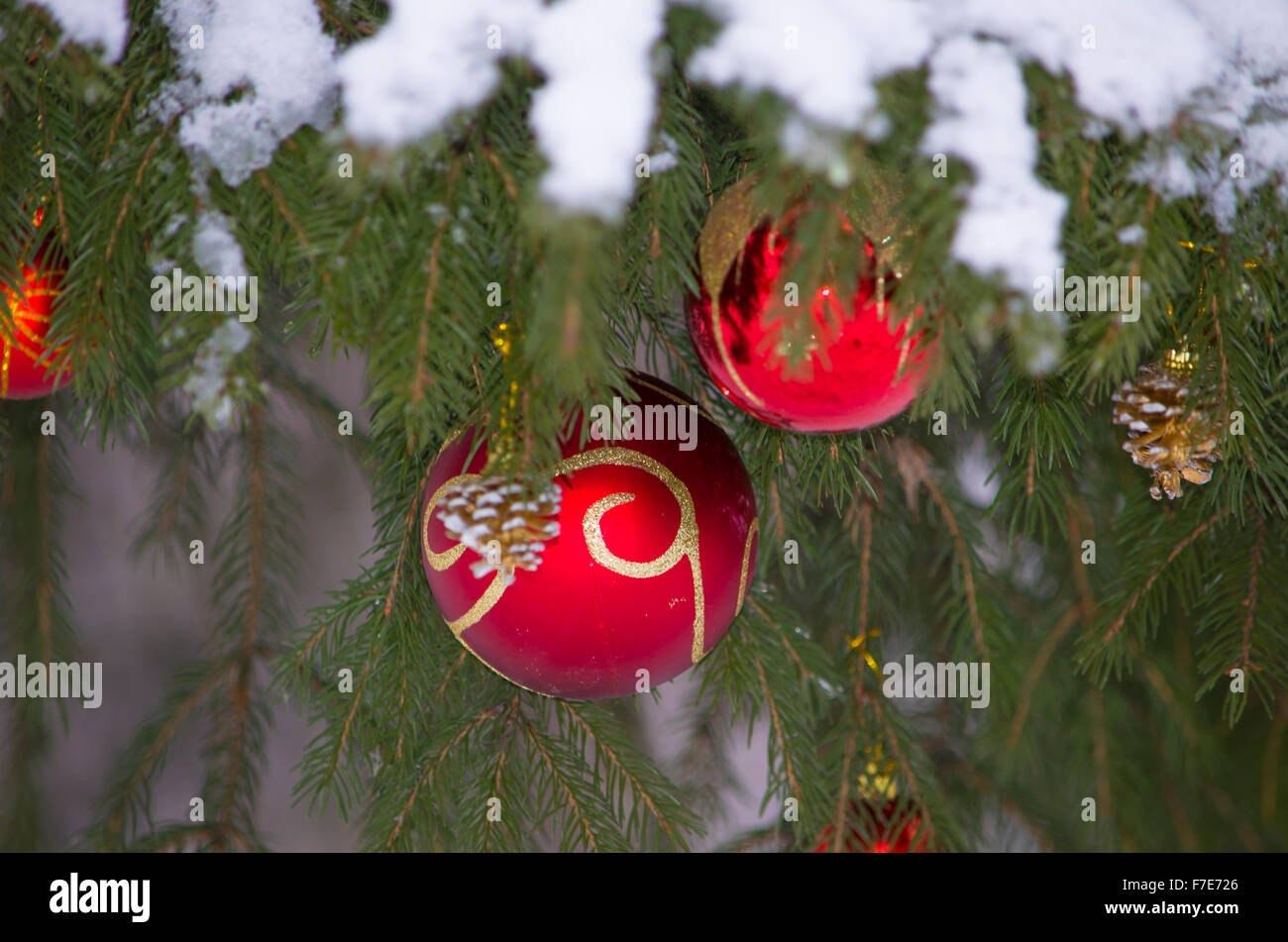 Sapin Nouvel An habillé par des jouets, une maison de vacances Banque D'Images