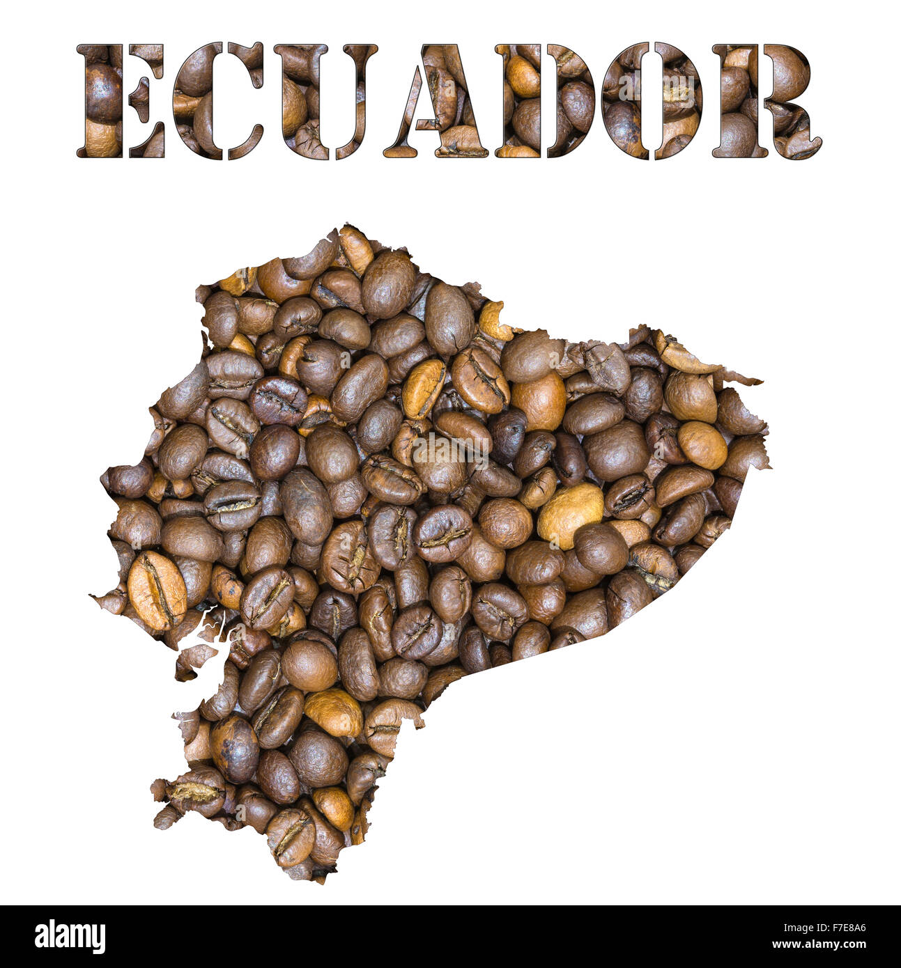 Les grains de café Roasted Brown arrière-plan avec la forme de la parole de l'Équateur et le pays carte géographique contour. Isoler l'image Banque D'Images