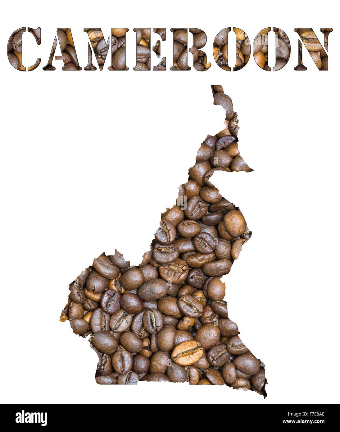 Les grains de café Roasted Brown arrière-plan avec la forme de la parole le Cameroun et le pays carte géographique contour. Isolat d'image Banque D'Images