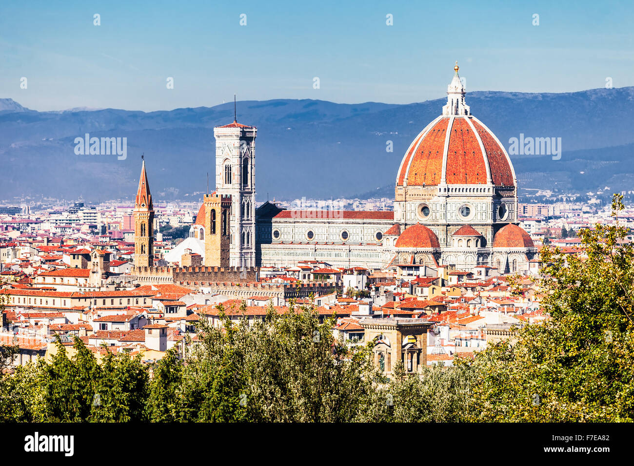 La cathédrale de Florence avec panorama et le dôme de Brunelleschi, le Palazzo Vecchio, l'UNESCO World Heritage Site, Florence, Italie Banque D'Images