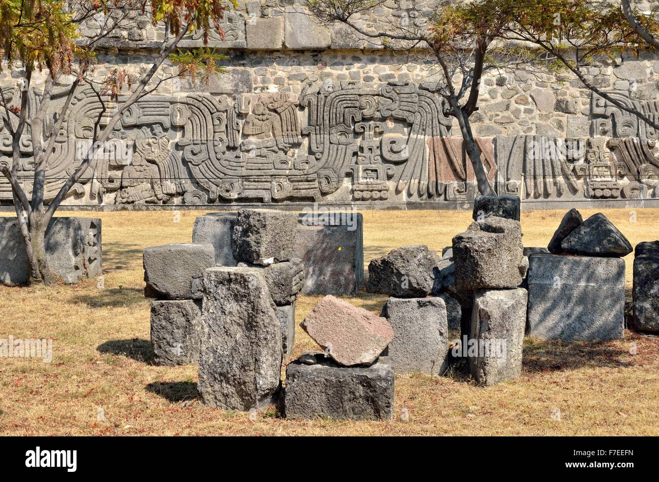 La pyramide des serpents à plumes, détails, Ruines de Xochicalco, Cuernavaca, Morelos, Mexique Banque D'Images
