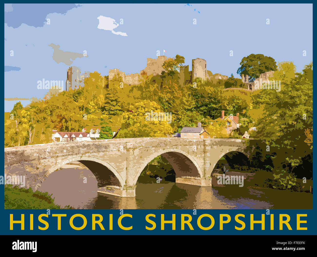 Un style poster illustration à partir d'une photographie de Ludlow Castle et Dinham bridge à l'automne de Whitecliff, Shropshire, Angleterre Banque D'Images