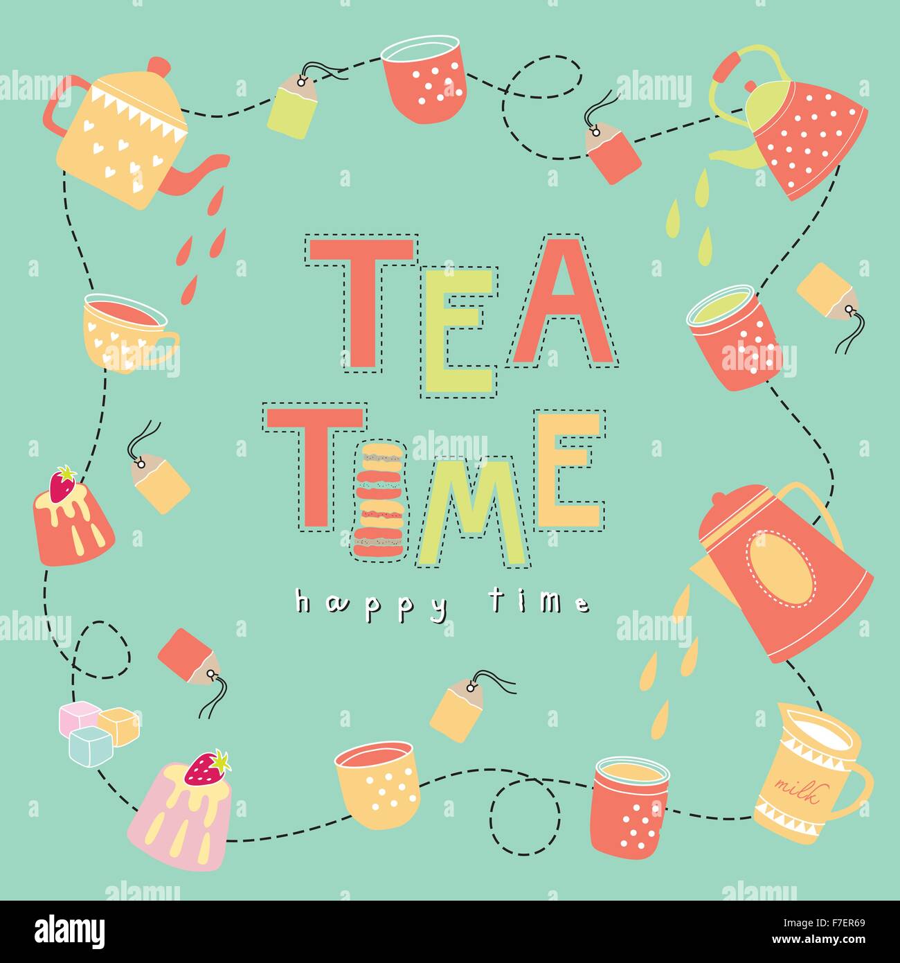 L'heure du thé happy time doodle vecteur de couleur pastel illustration sur fond de couleur vert pastel, théière, tasse de thé, de sachet à thé, gâteau Illustration de Vecteur