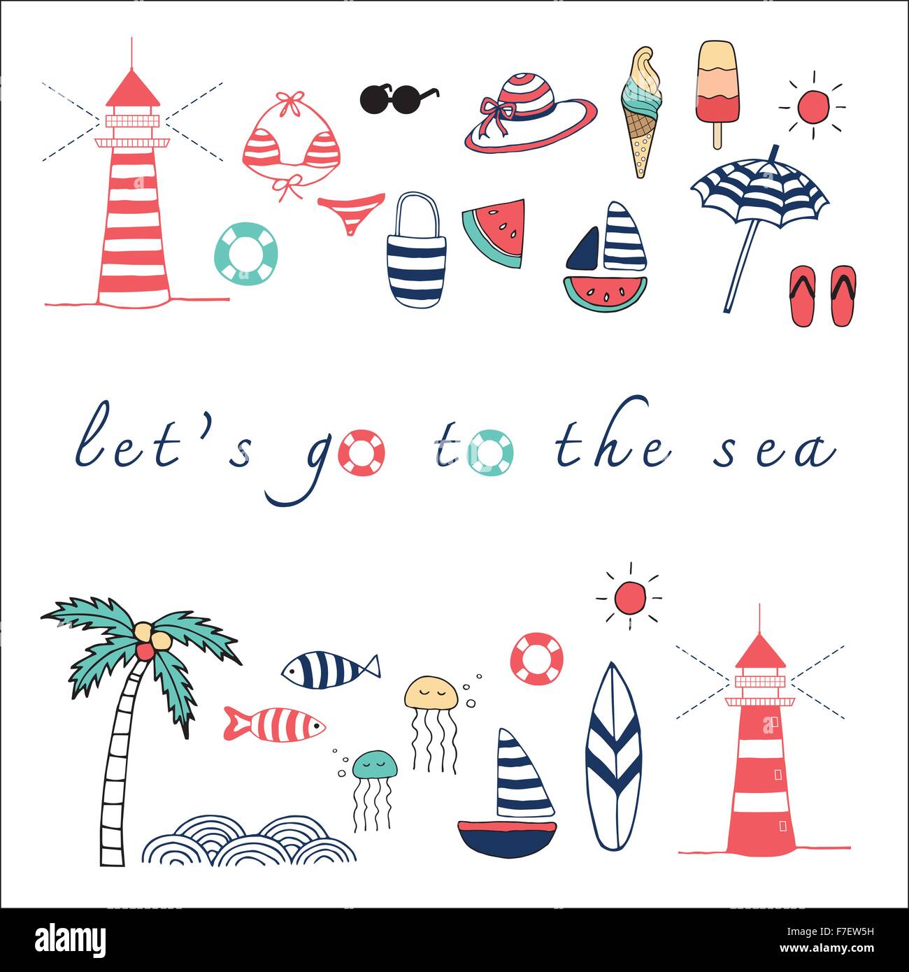 Let's go la mer l'illustration d'objets de collection doodle Illustration de Vecteur