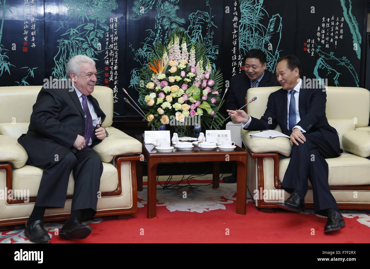 Beijing, Chine. 30Th Nov, 2015. Le Président de l'agence de presse Xinhua Cai Mingzhao (R) rencontre avec Mikhail Gusman, premier directeur général adjoint de l'agence de presse Tass, à Beijing, capitale de Chine, le 30 novembre 2015. © Ju Peng/Xinhua/Alamy Live News Banque D'Images