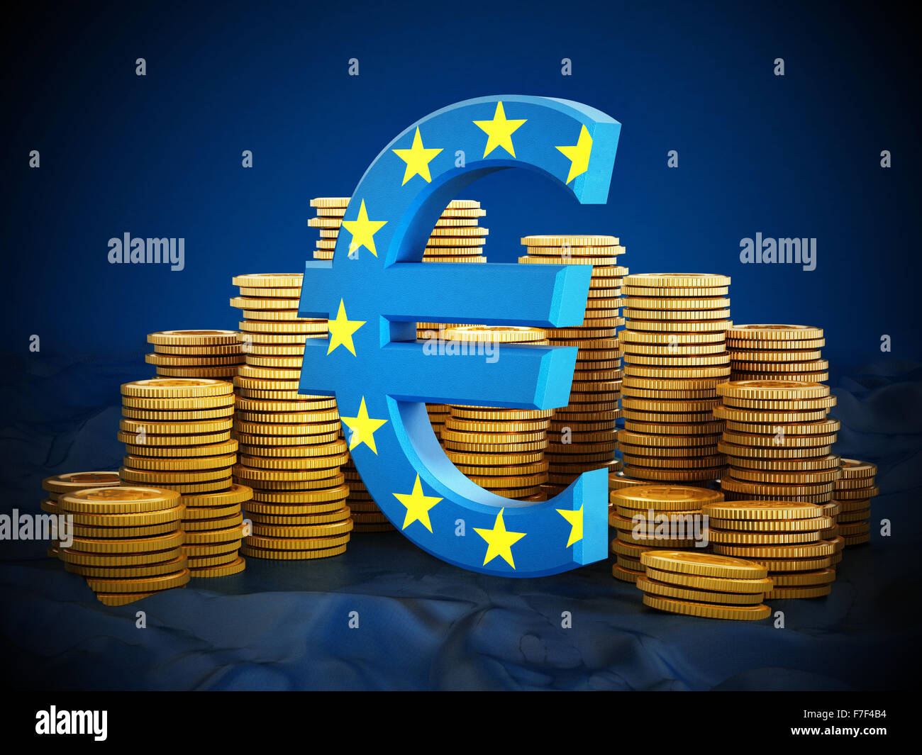 Symbole de l'euro et les pièces d'or sur fond bleu. Banque D'Images