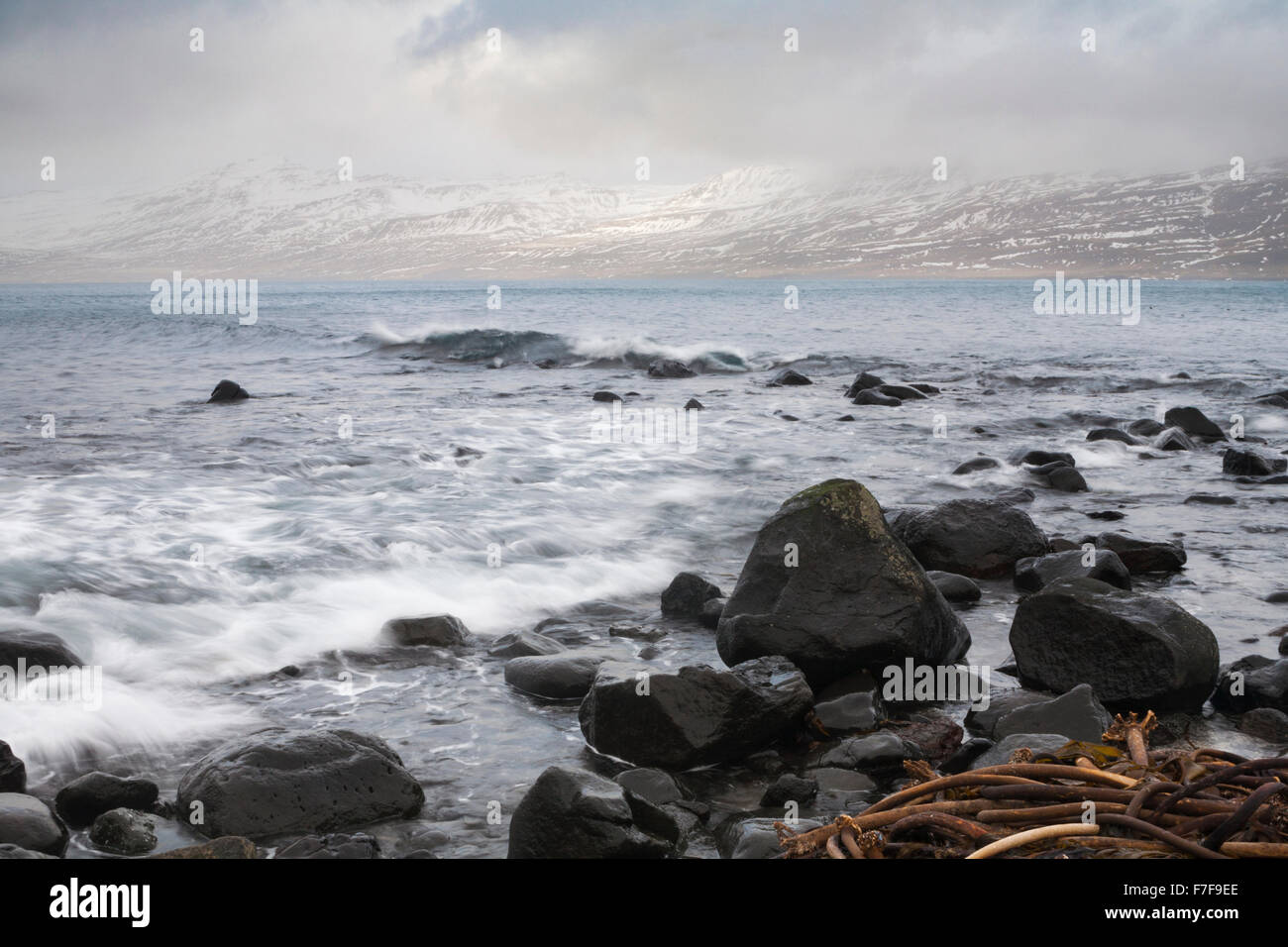 Une longue exposition de vagues déferlaient sur les rochers sur la plage à Hafnarnes Fáskrúðsfjörður, Faskrudsfjordur, est de l'Islande en Février Banque D'Images
