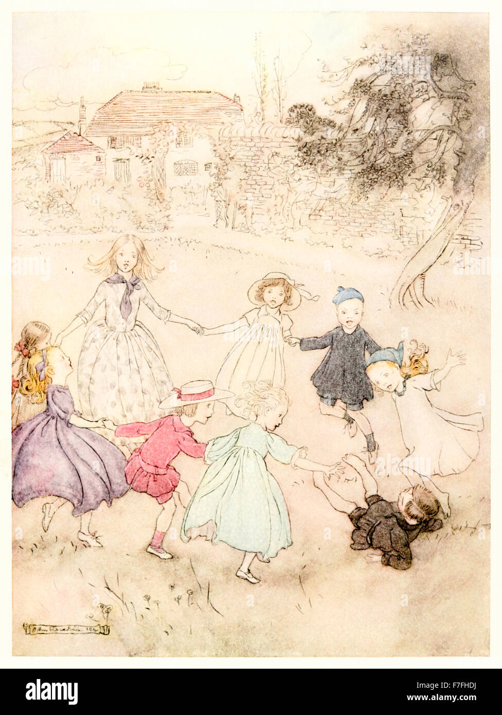Un anneau anneau 'o' Roses.''Mautres Goose - La Vieille des comptines' illustration par Arthur Rackham (1867-1939). Voir la description pour plus d'informations. Banque D'Images