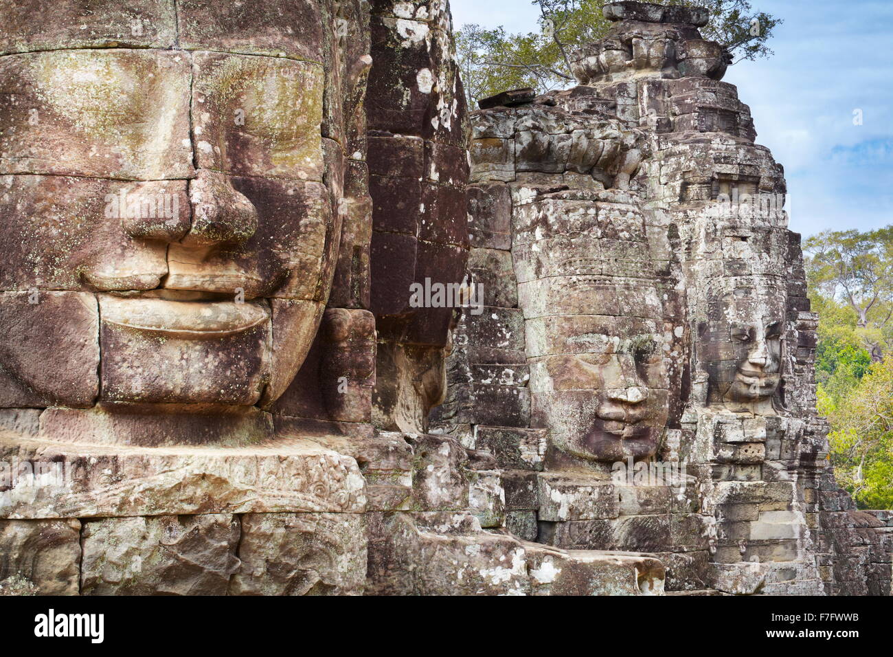 Visages de temple Bayon, Angkor Thom, au Cambodge, en Asie Banque D'Images
