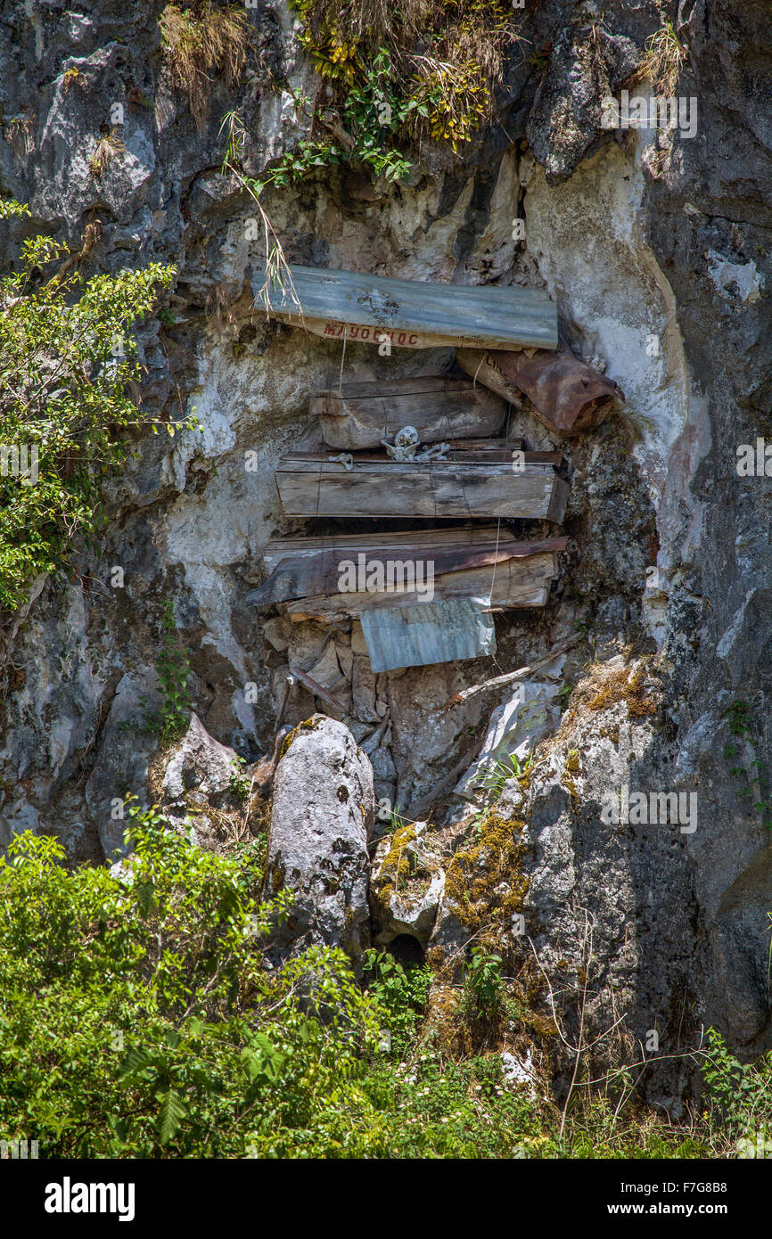 Vieux cercueils en bois suspendu à partir de falaise dans la roche calcaire karstique formations de la grande chaîne de montagnes de la Cordillère dans Sagada Banque D'Images