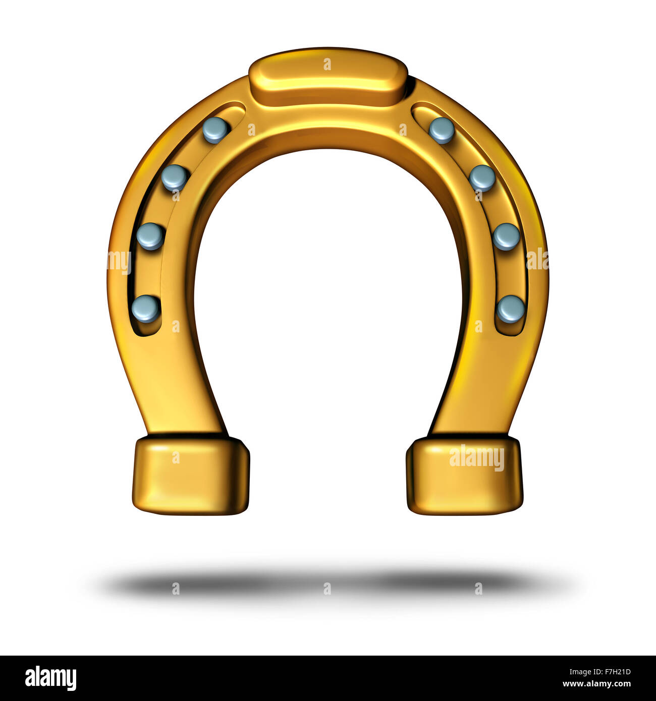 L'icône ou en fer à cheval horse shoe symbole comme un charme porte-bonheur comme un objet en métal doré comme métaphore de fortune et de succès ou un élément de chance. Banque D'Images