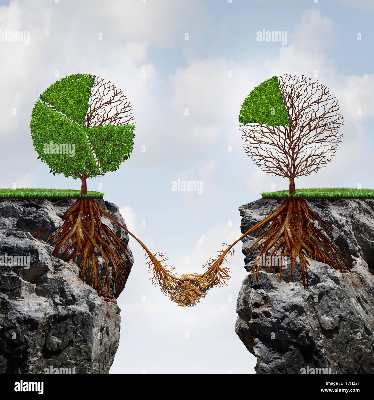 Accord d'entreprise et concept global connection comme symbole de réussite financière deux arbres en forme d'arbre de diagrammes à secteurs sur div séparée Banque D'Images