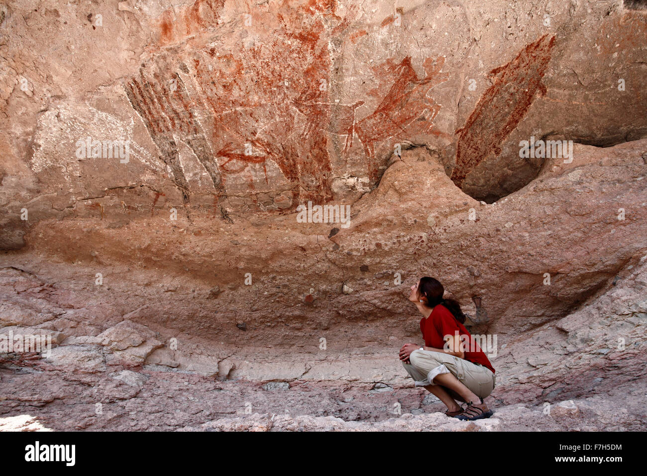 Pr7176-D. (modèle femme) parution admire peintures de roche pétroglyphe de Santa Marta, montrant les personnes, les animaux (chevreuils, lapins, poissons) Banque D'Images