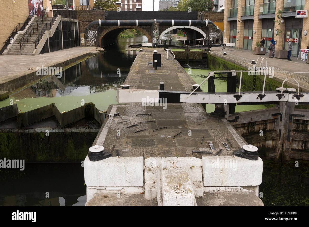 Doubles écluses de canal avec des écluses et des algues vertes dans l'eau, juste à côté de Limehouse Basin à Londres, en Angleterre Banque D'Images