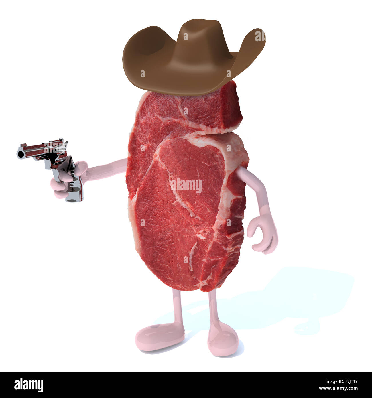 Steak avec bras, jambes, hat and gun en main isoloated, 3d illustration Banque D'Images