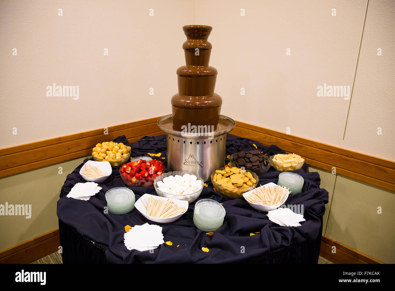 EUGENE, OR - 13 septembre 2014 : le chocolat fondu Sephra tour à une réception de mariage avec des articles à puiser dans ce dessert sucré. Banque D'Images