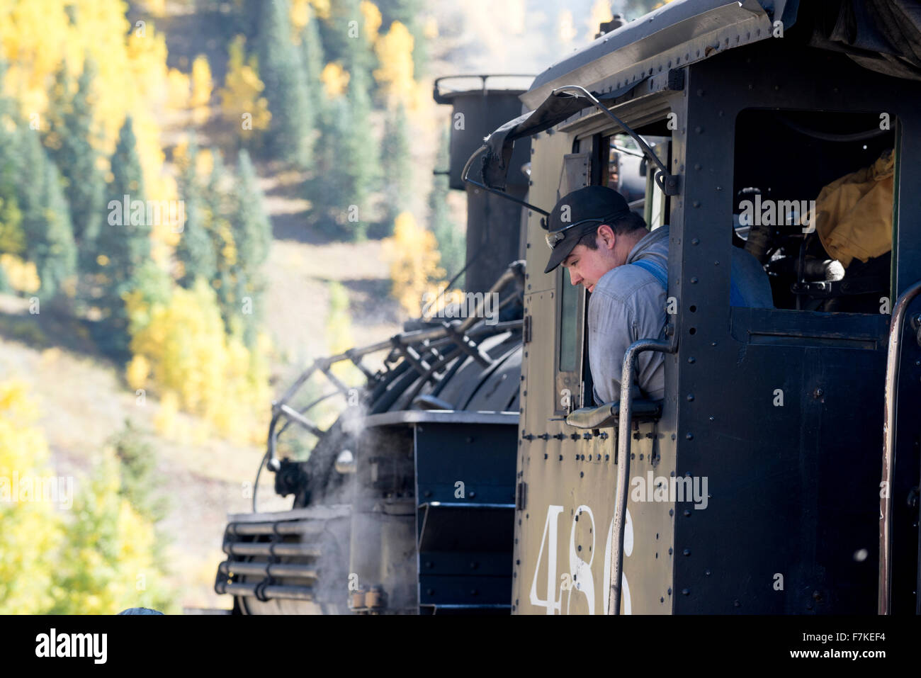 Ingénieur dans une locomotive de l'État de Durango & Silverton Narrow Gauge Railroad à Silverton, Colorado. Banque D'Images
