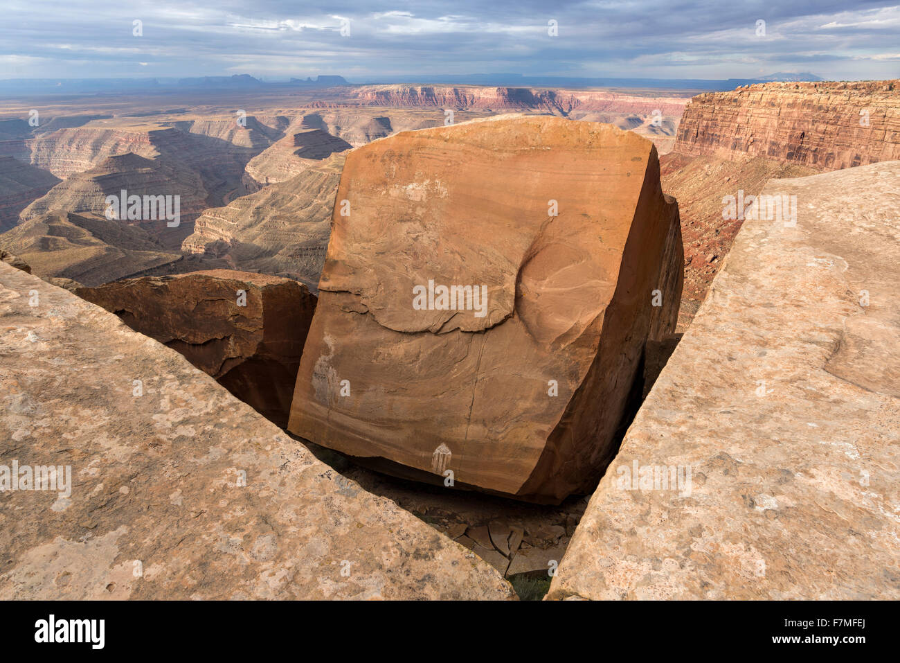 La jante de Cedar Mesa, Utah, avec le San Juan River Canyon et Monument Valley Arizona en arrière-plan. Banque D'Images