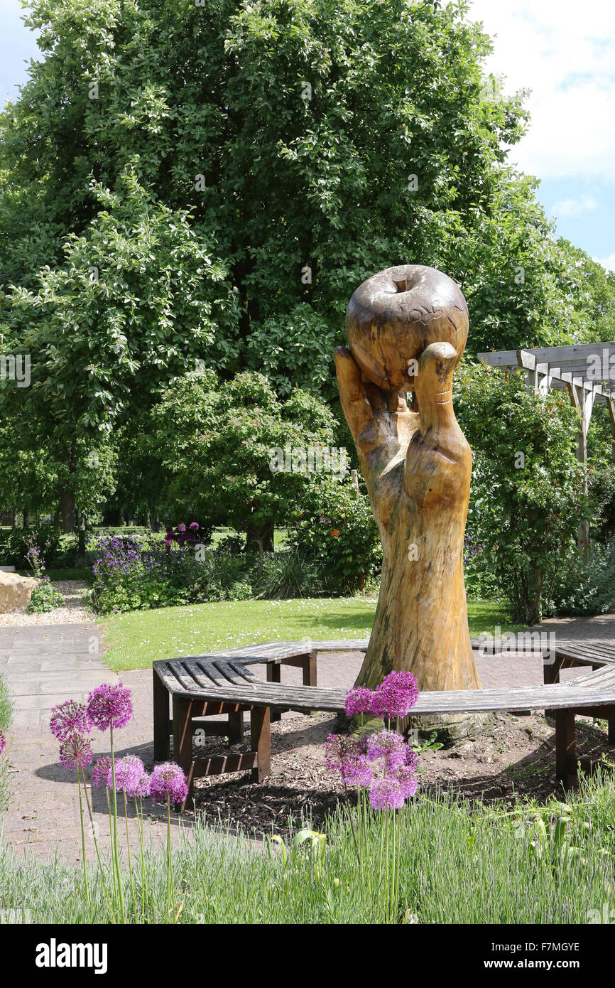 Sir Isaac Newton's main en bois et sculpture apple, Wyndham Park, Grantham, Lincolnshire, Royaume-Uni Banque D'Images