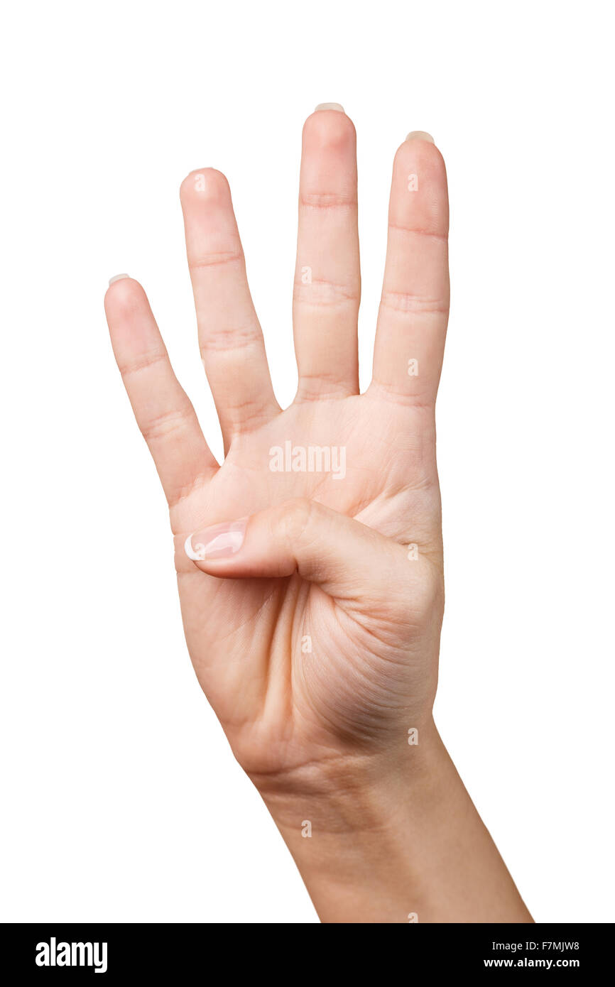 Signe de la main. Quatre doigts. Isolated on white Banque D'Images