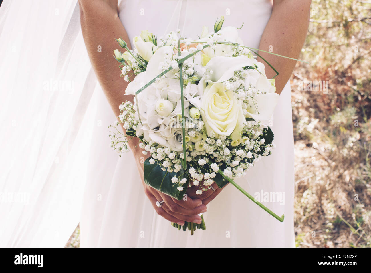 Bride holding bouquet de fleurs, cropped Banque D'Images