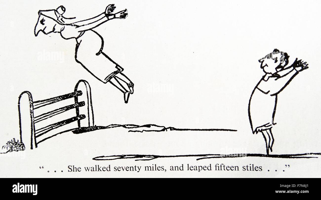 Elle a marché 70 kilomètres et sauta soixante stiles' characaters par Edward Lear (1812 - 1888) English Artiste, illustratrice, auteur et poète, et il est connu aujourd'hui surtout pour ses non-sens littéraire dans la poésie et prose et surtout ses poèmes humoristiques, Banque D'Images