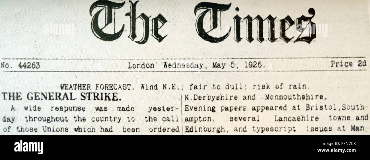Le Times de Londres, le mercredi 5 mai 1926, portant sur la grève générale. Banque D'Images