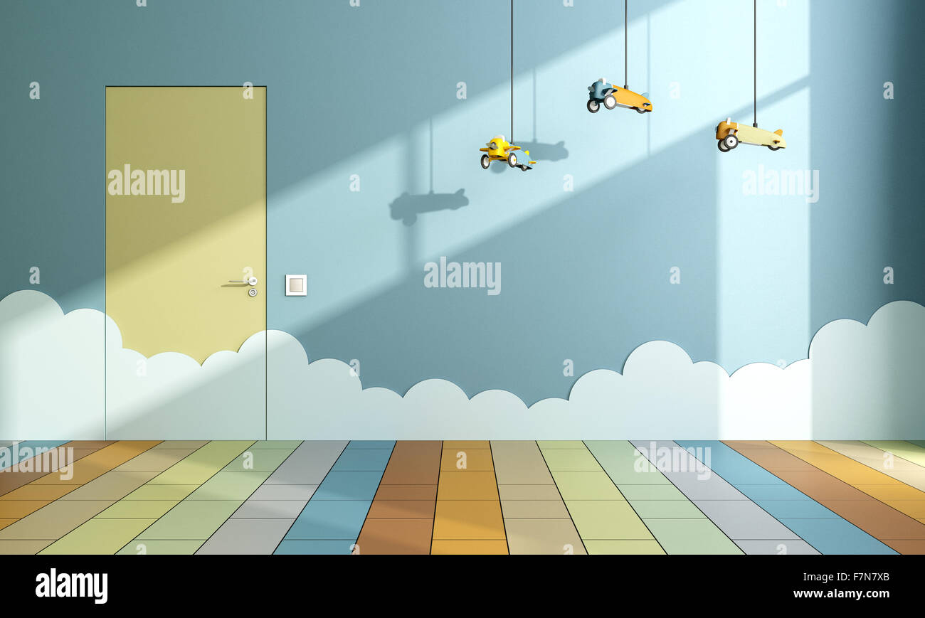Jeux pour enfants avec des avions jouets suspendus au plafond et des nuages sur le mur - le rendu 3D Banque D'Images