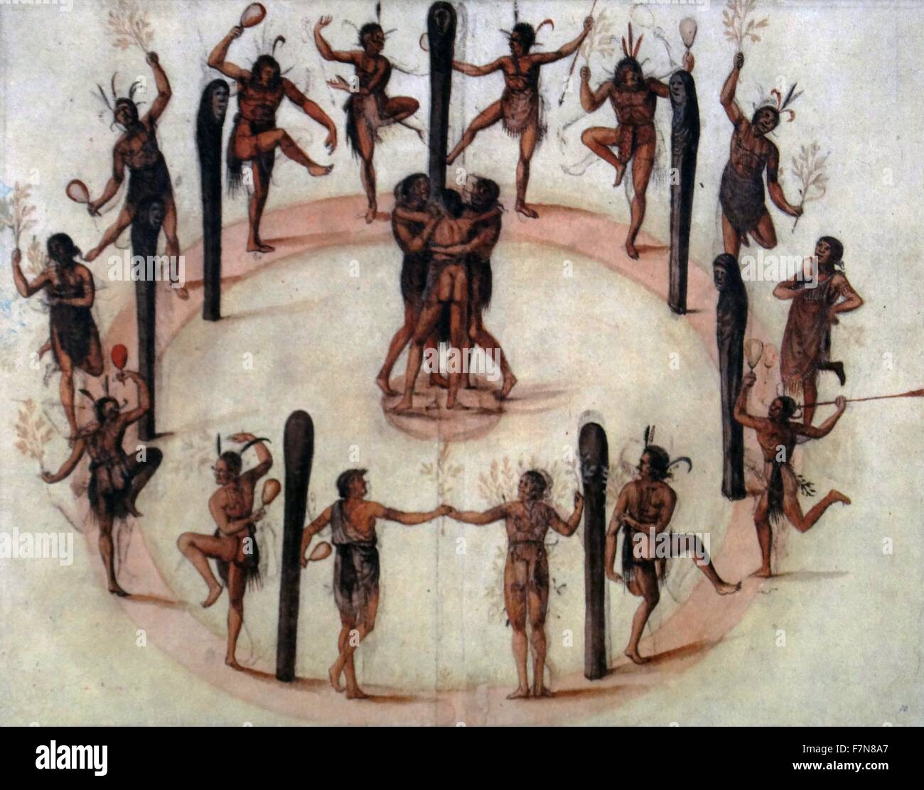 Danse rituelle indienne par les Amérindiens Algonquiens ;. Aquarelle, c1585, par John White. Banque D'Images Danse rituelle indienne par les Amérindiens Algonquiens ;. Aquarelle, c1585, par John White. Banque D'Images