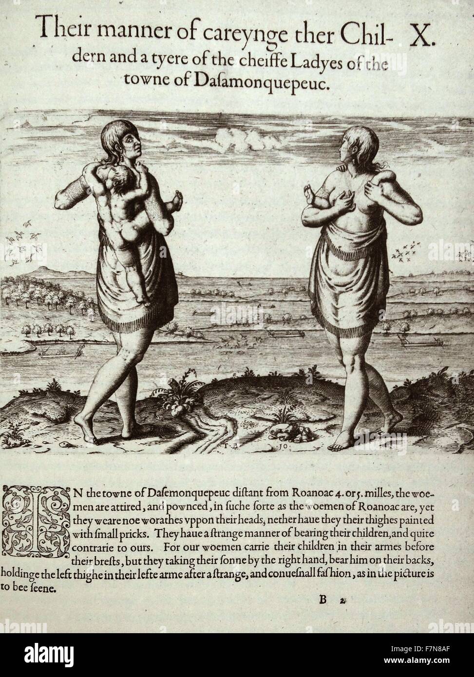 Pleine longueur, avant et l'arrière des portraits d'une femme autochtone d'Dasamonquepeio montrant tenue vestimentaire et la manière de porter un enfant sur son dos. par John White (1585-1586) créé. Banque D'Images