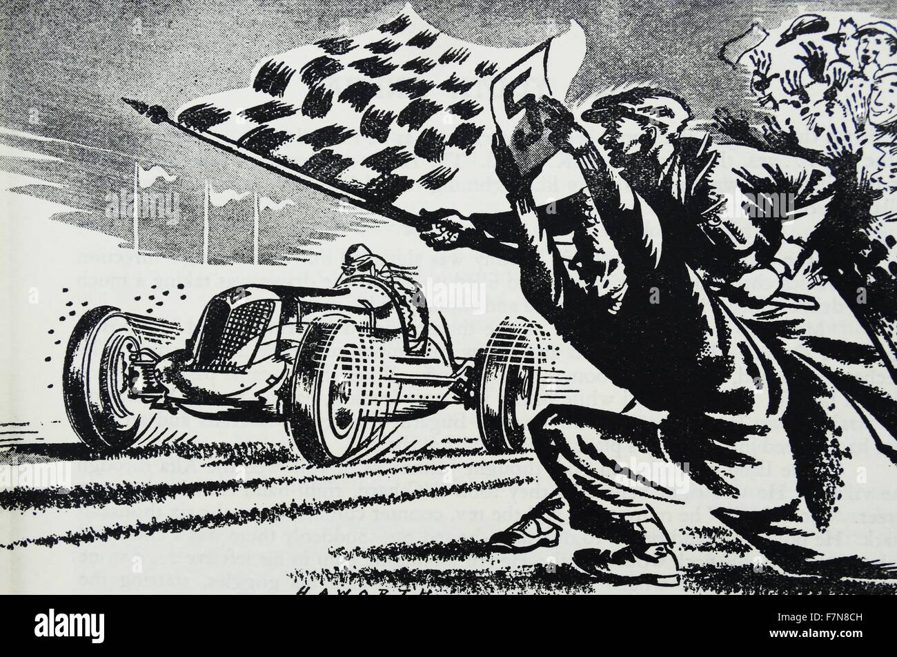 Illustration d'un livre retraçant la fin d'une course de voiture. Datée 1940 Banque D'Images Illustration d'un livre retraçant la fin d'une course de voiture. Datée 1940 Banque D'Images