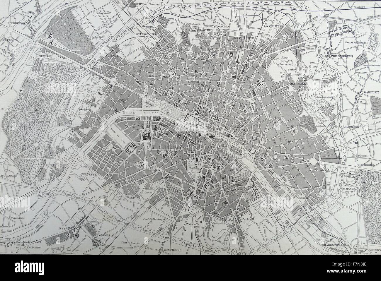 19e siècle Plan de Paris avec la Seine. Datée 1880 Banque D'Images