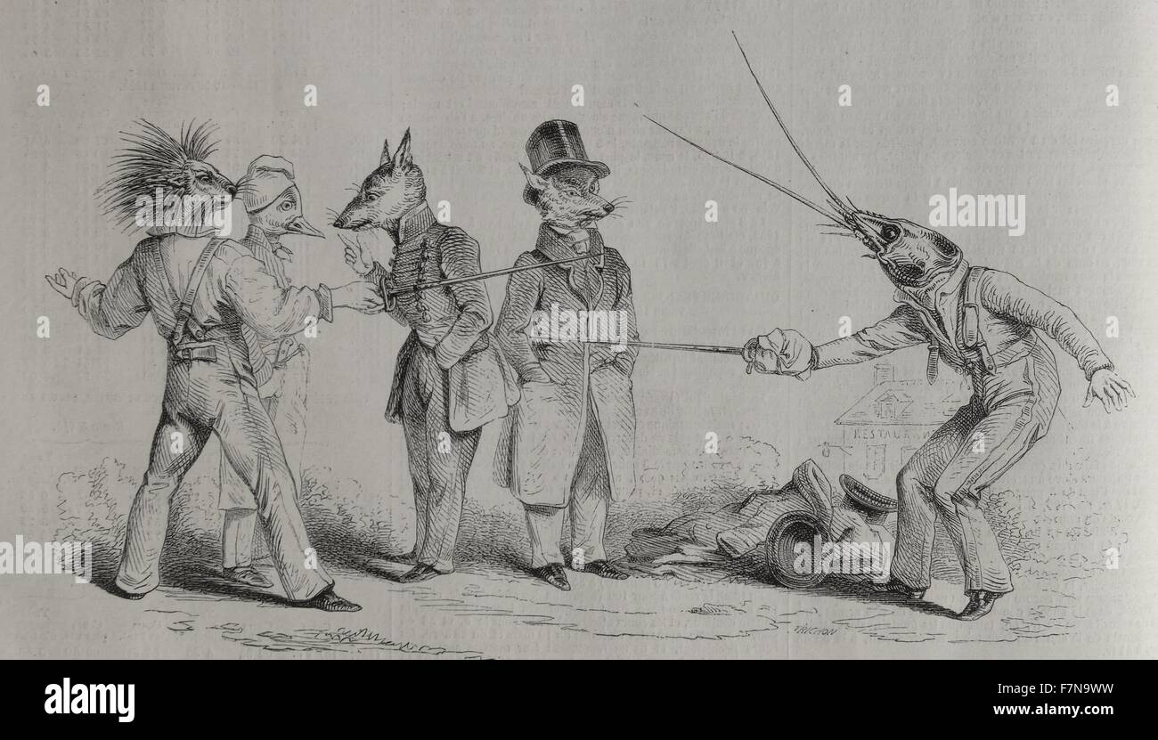 Illustration (de gauche à droite) un porc-épic, un canard, des rats et une crevette agissant comme des humains. Datée 1840 Banque D'Images