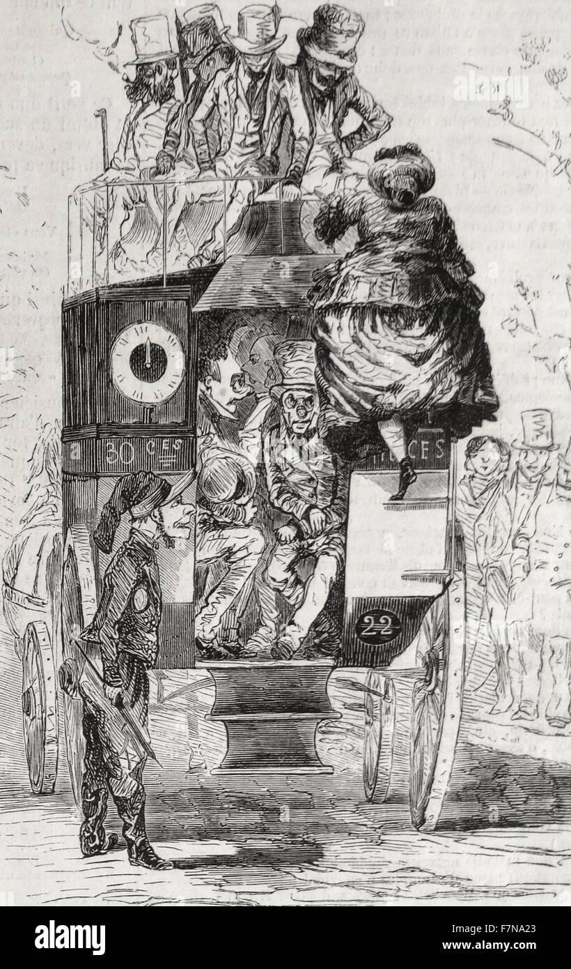 Gravure représentant une grande femme grimper sur un bus. Datée 1890 Banque D'Images