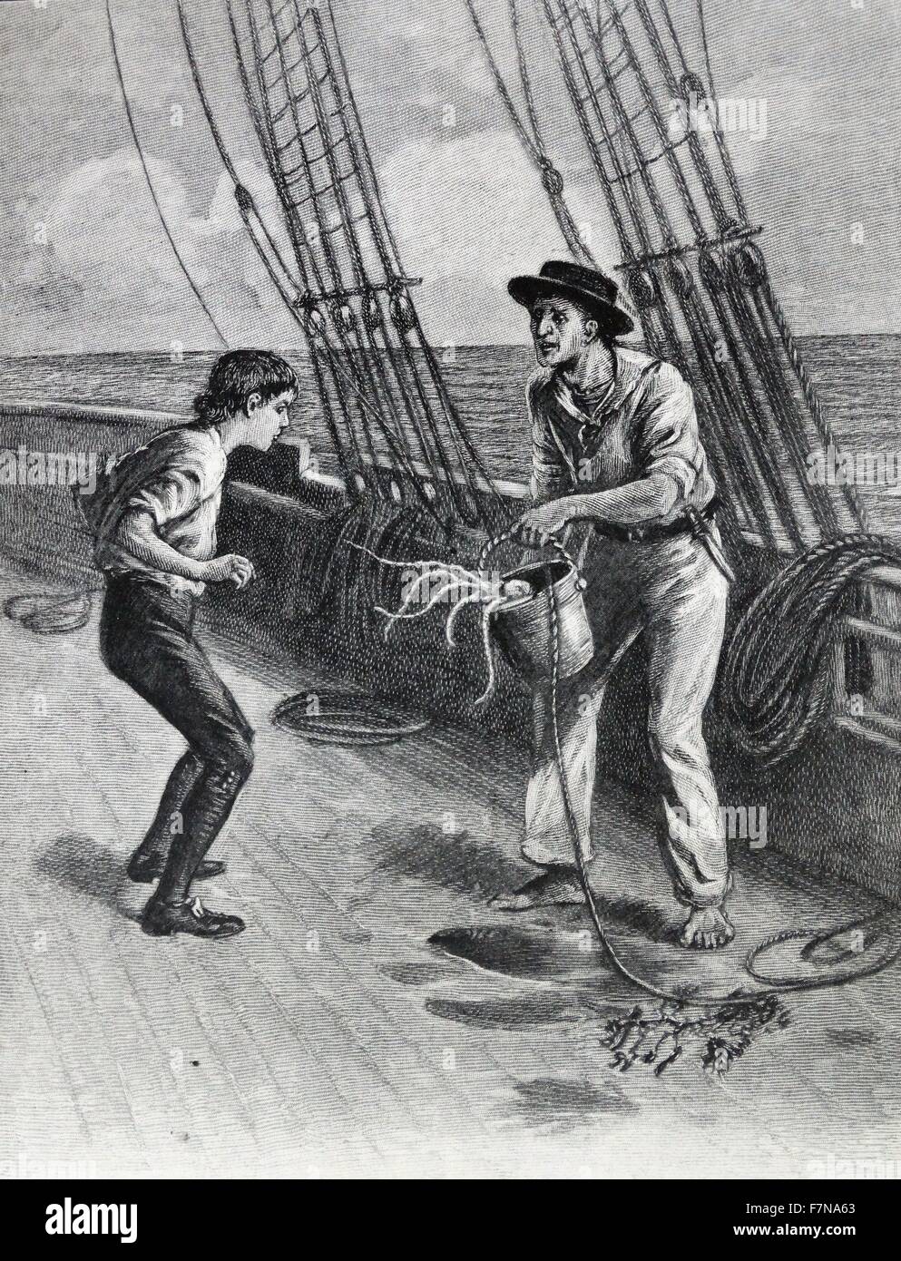 Illustration d'un livre représentant une jeune garçon d'être montré une pieuvre pour la première fois sur le pont du navire. Datée 1913 Banque D'Images