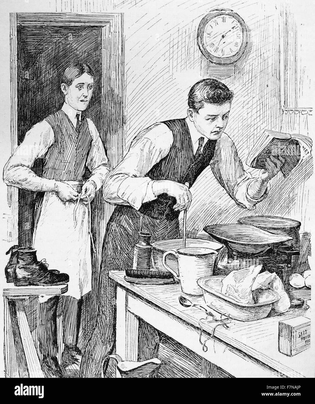 Illustration d'un livre représentant un jeune homme à l'aide d'un livre de recettes pour la cuisson. Datée 1913 Banque D'Images