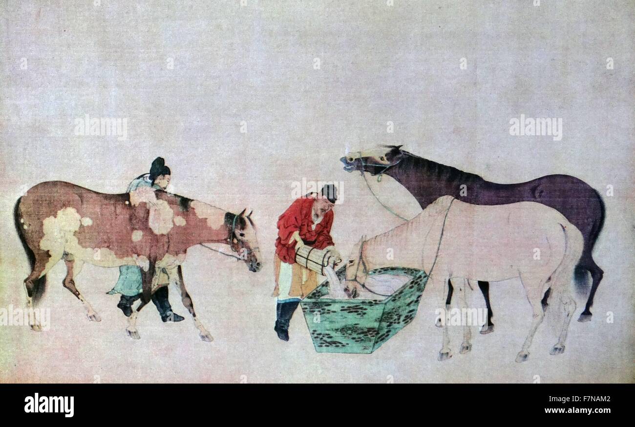 Dynastie Ming, réplique d'une dynastie Yuan (13e siècle), faites défiler jusqu 'Les huit chevaux' (détail). Prendre des chevaux pour les cavaliers représentant un verre dans un creux, en chinois Banque D'Images