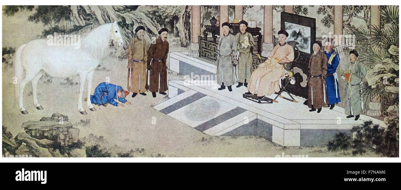 Qianlong prend un cheval comme un tribut de tartre envoyés spéciaux. . L'empereur Qianlong (sixième empereur de la dynastie Mandchoue des Qing-led), de 1735 à 1796. Peint par Giuseppe Castiglione, (1688 - 1766), prêtre jésuite italien lay, qui a servi comme missionnaire en Chine, où il devient un peintre à la cour de l'empereur Banque D'Images