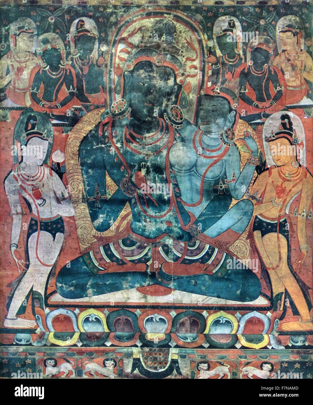 Vajradhara Bouddha avec consort. Peinture tibétaine au sol à l'aide de pigments minéraux sur le coton. 16e siècle Banque D'Images