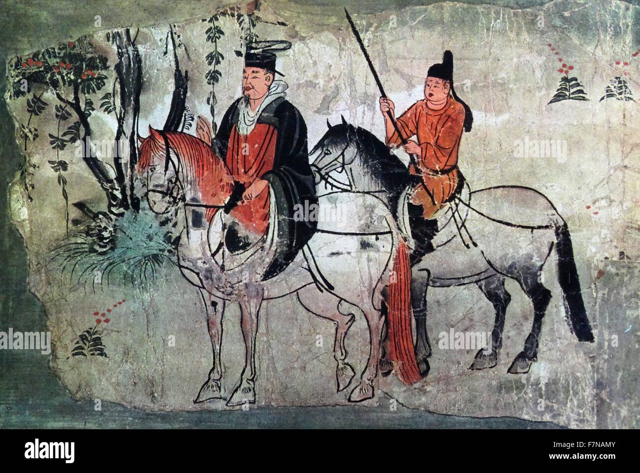 Deux cavaliers dans un paysage, le Boddhisatva (et sa page). Chinois, Dynastie Tang, peint (pierre), 7e siècle. Banque D'Images