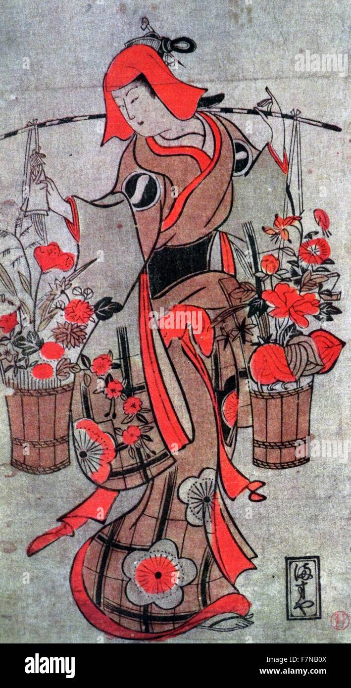 Les jeunes femmes vente de fleurs par Torii Kiyonobu ( 1664 - 1729) peintre et graveur japonais dans le style ukiyo-e, 18e siècle Banque D'Images