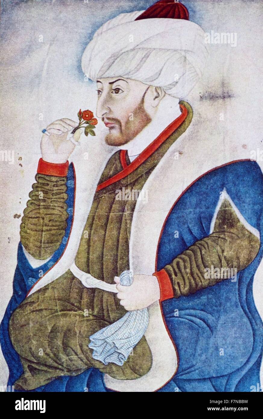 Le sultan Mehmed II de la Turquie ; sentir une rose, de l'Sarayı Albums, c. CE 1480 Banque D'Images